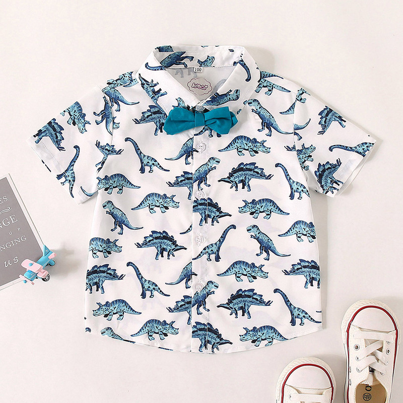 Camisa de verano para niños 2020 nuevo estilo coreano para niños transfronterizo de manga corta Caballero pajarita dibujos animados dinosaurio camisa casual