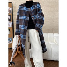 司南 新年节日感 两面穿复古蓝色格纹围巾羊毛双面呢大衣 SN6735