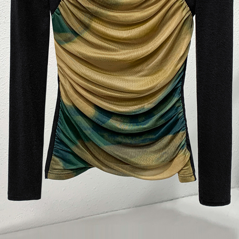 Camisa de fondo de malla para mujer 2023 nuevas mujeres retro cuello cuadrado teñido con costuras de manga larga Camiseta elástica interior superior