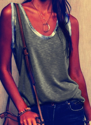 Verano en stock europeo y americano otras fuentes cuello redondo suelto color sólido algodón gris con cuello en V chaleco en forma de I image 9