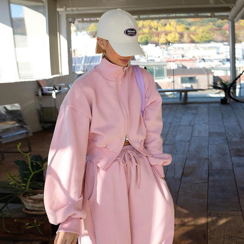 Double Zipper Jacket Casual Sweatpants Two piece Set Pink Coat - Shop at LoveMi