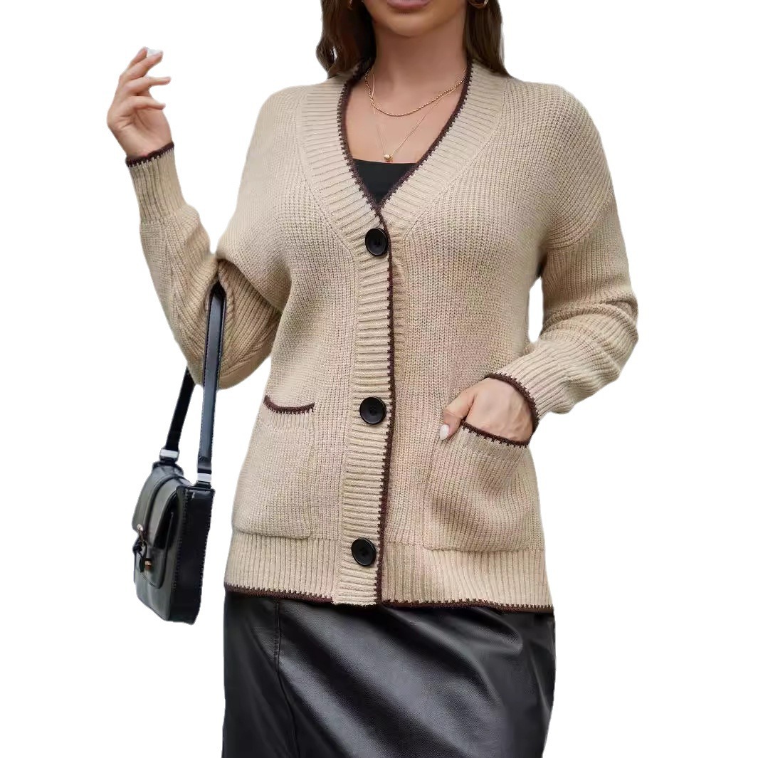 Spring and Autumn Casual Versatile Cardigan with Pockets Cross-border Foreign Trade Women's Temperament V-neck Covered Single-breasted Knitted Jacket