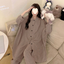 2024新款睡衣女宽松显瘦条纹长袖慵懒风感开衫春秋季大码套装