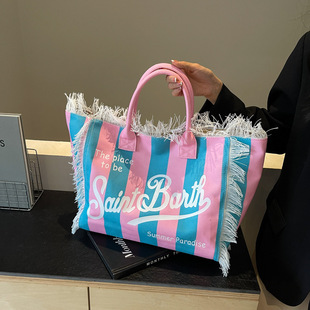 Cross-Border European and American Handmade Tassel Beach Canvas Bag for Women 2025 New Printed Tote Bag Large Capacity Shoulder Bag