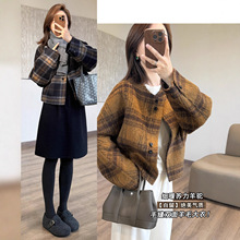 自留！绝美格子苏力羊毛外套圆领短廓形手缝双面羊毛大衣G110525