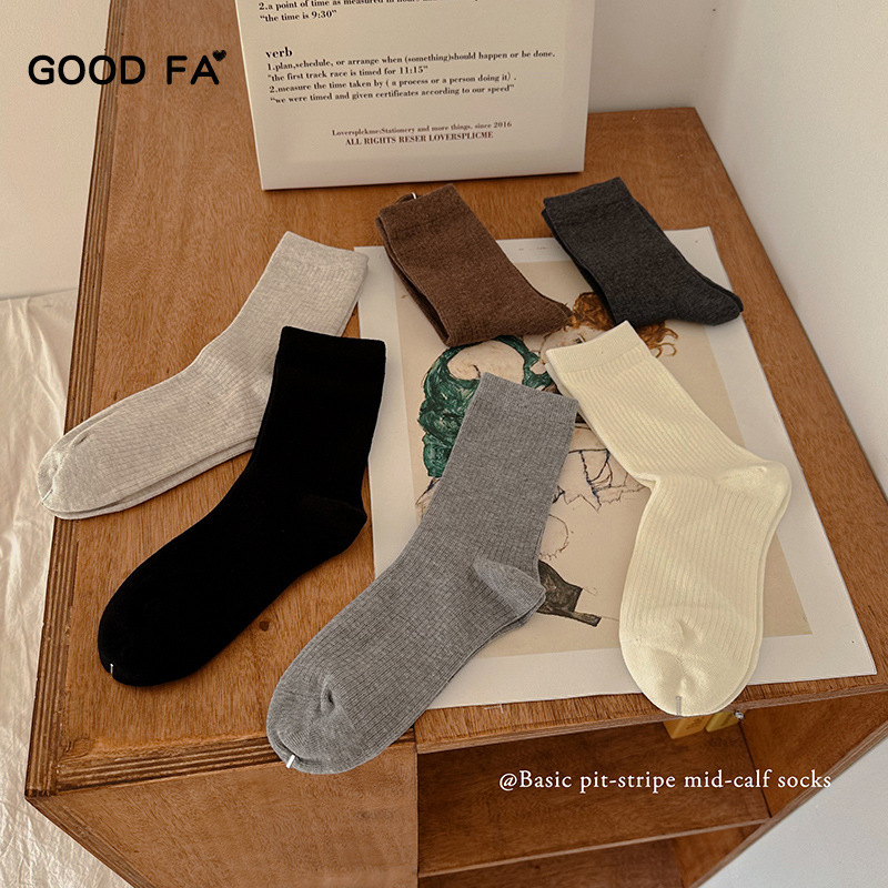 Good Fa 2024 Autumn and Winter Basic Korean Style Plain Striped Cotton Hand-Sewn Mid-Calf Socks 24092