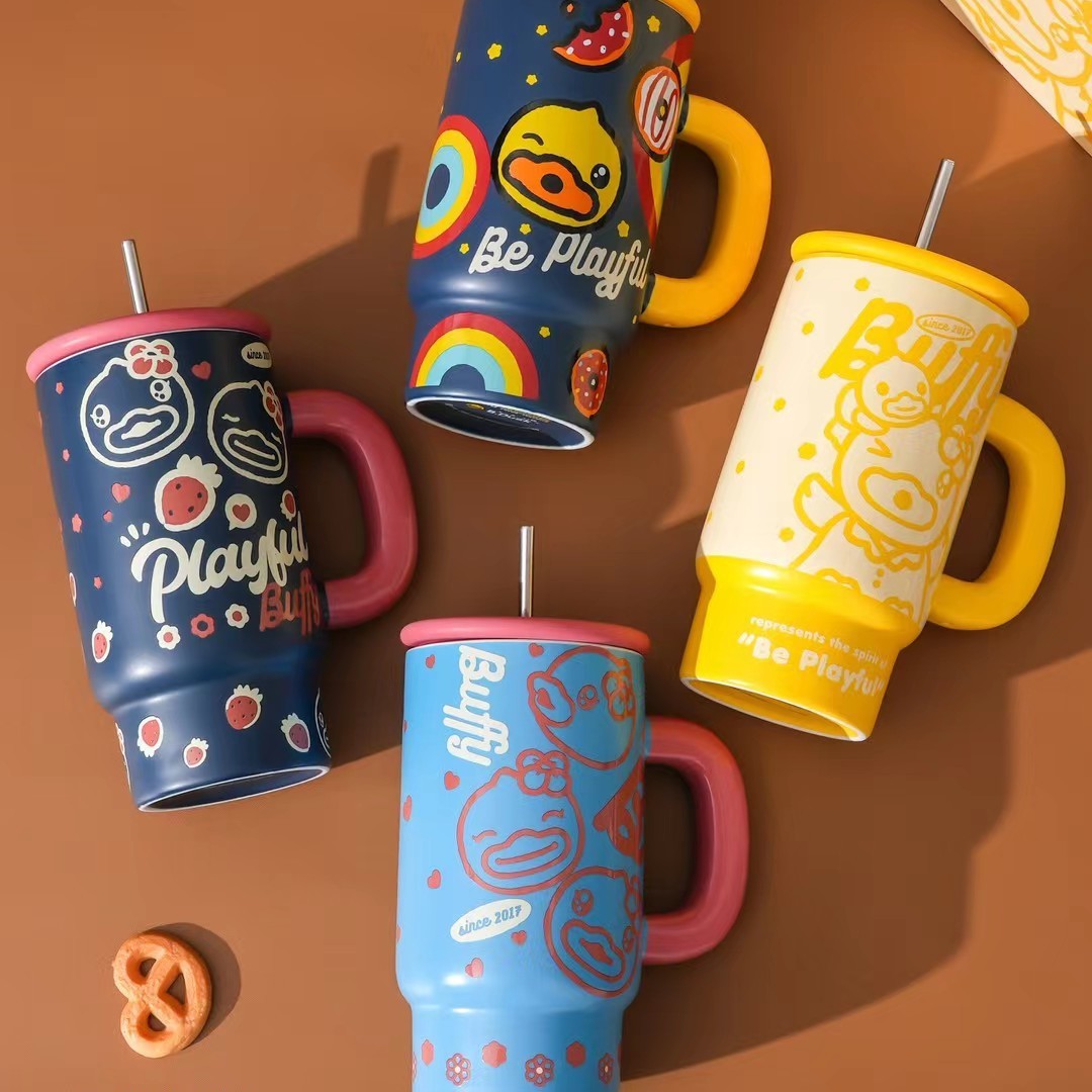 Auténtica licencia B. Duck personalidad pato amarillo taza de paja de cerámica acompañante regalo de cumpleaños taza de agua grande capacidad