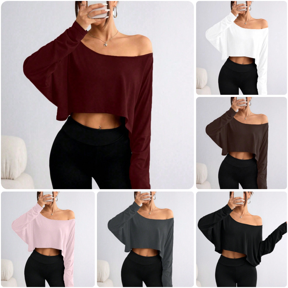 2025 European and American Cross-Border Amazon Aliexpress Fashion One-Shoulder Loose Bottoming Top T-Shirt Ice-Feel Long Sleeves