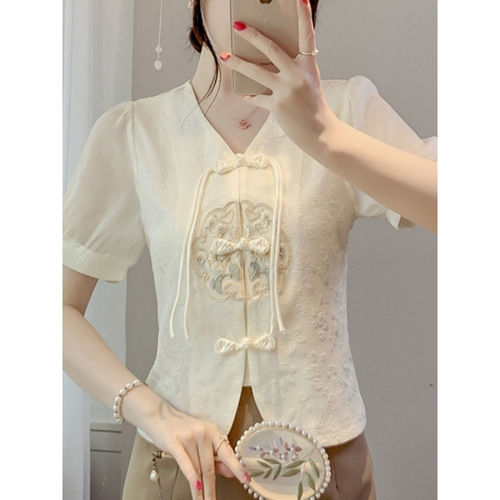 New Chinese Style Collarless Button Shirt for Women - Summer 2025, Hand-Embroidered Short-Sleeve Top, Retro Patterned Blouse
