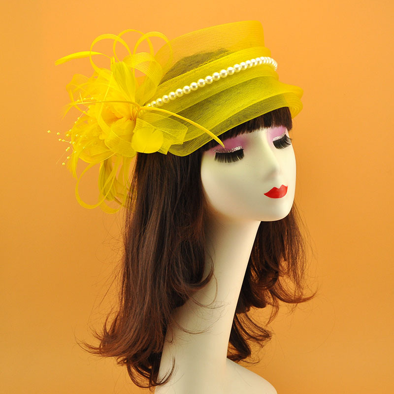 Amazon popular tocado de malla de Europa y América arco Festival de Carreras de Caballos sombrero de copa de novia tocado Flor de plumas tocado accesorios para el cabello