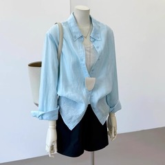 ライトブルーリネン日焼け止めシャツ女性の夏薄いハイエンド怠惰なリラックス通気性シャツ長袖コットンとリネントップ