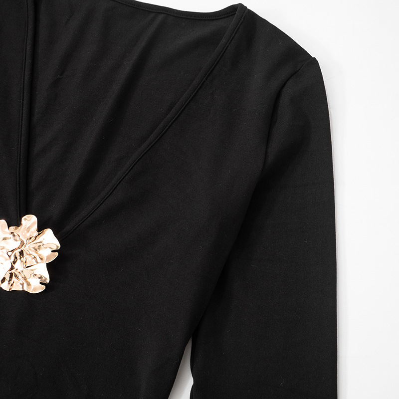 Women Clothing Low Neck Slim Fit Hip Metal Decoration Sexy Dress