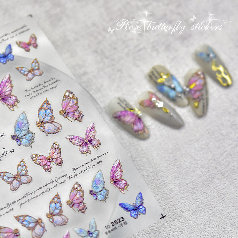 Rose Butterfly Uña pegatinas en relieve tridimensional tomoni acuarela azul polvo alas delgadas y resistentes Inglés pegatinas de uñas