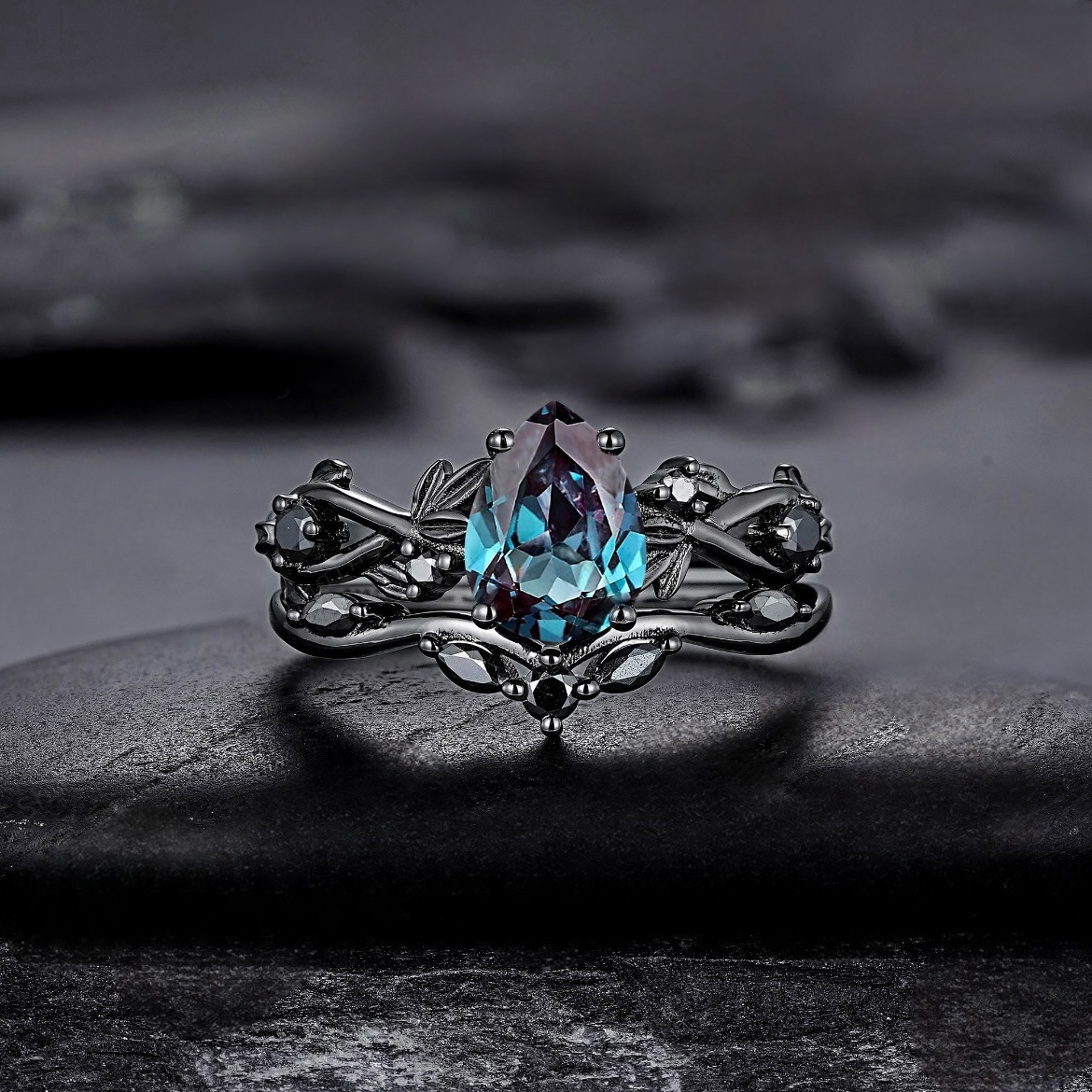 Huajie's New Cross-Border Temu Fashion Ring Gun Black Inlaid Sea Blue Diamond Ring European and American Ins Engagement Jewelry for Women