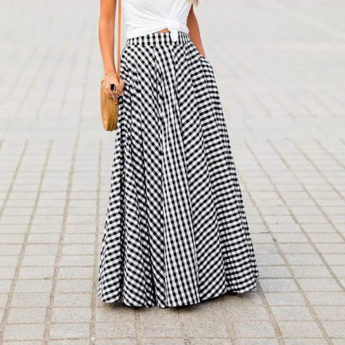 Wish 2025 Spring/Summer New Arrival Elegant All-match Chic Plaid Midi High-waisted Flared Skirt with Draping Pleated Skirt