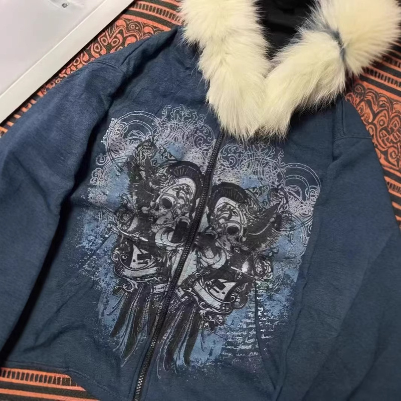 New Cross-Border Y2K Millennium Style Hooded Cardigan with Fur Collar and Dark Skull Print, Spicy Girl Style Top New Cross-Border Y2K Millennium Style Hooded Cardigan with Fur Collar and Dark Skull Print, Spicy Girl Style Top