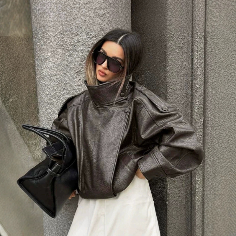ZA AliExpress best-selling cross-border foreign trade European and American style elegant women's long-sleeve stand-collar leather jacket with lychee pattern ZA AliExpress best-selling cross-border foreign trade European and American style elegant women's long-sleeve stand-collar leather jacket with lychee pattern