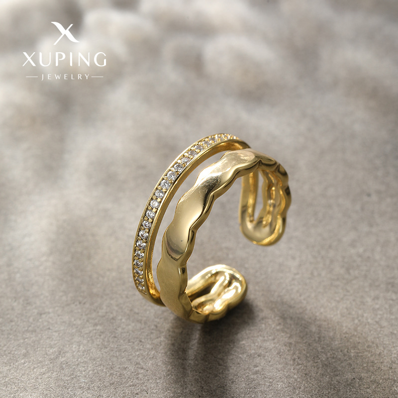 Anillo Xuping de nuevo estilo, de doble capa, con gemas artificiales, aleación chapada en color 14k, moderno y sencillo, ajustable y abierto, para mujer.