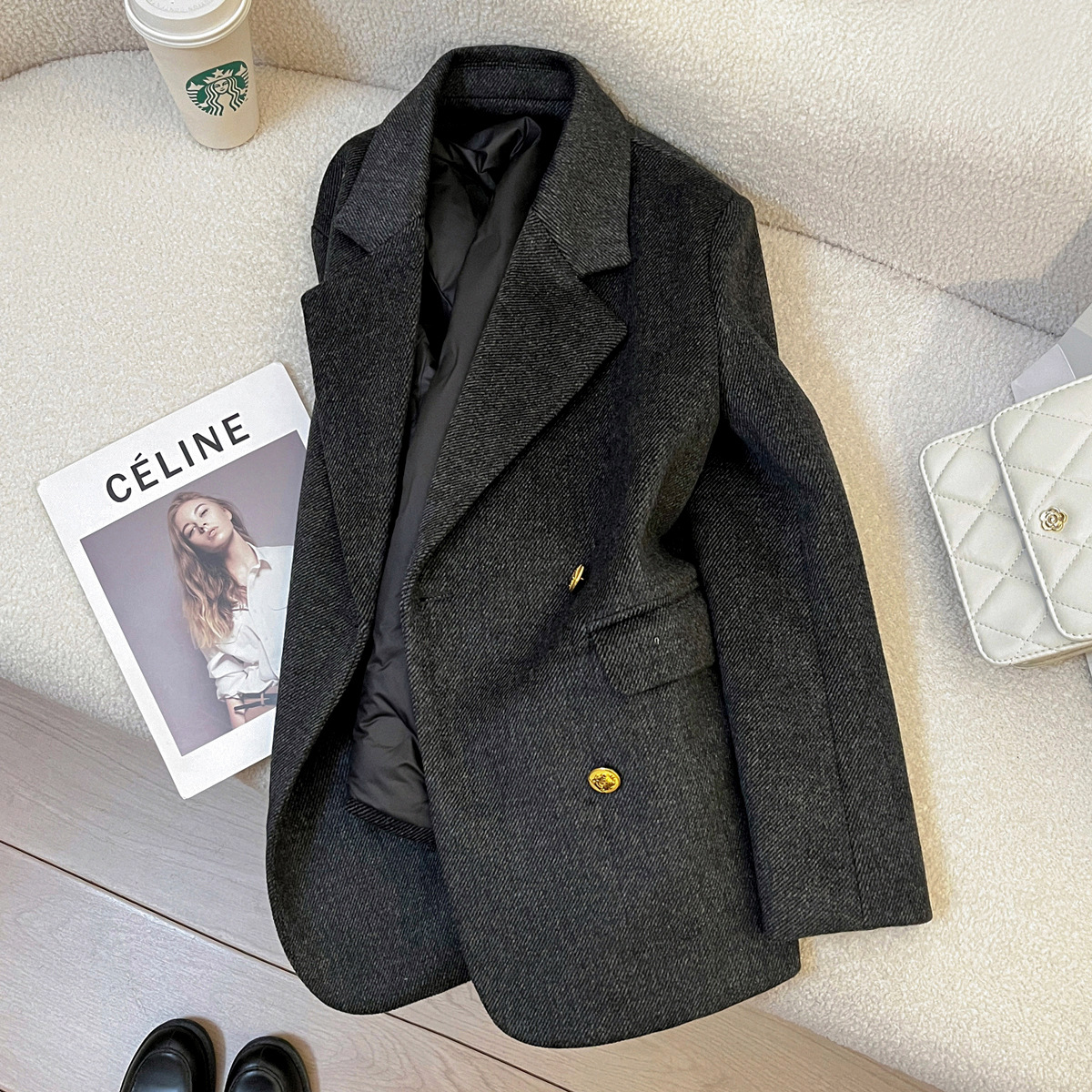 Dark Gray Twill Woolen down Lining Suit Jacket for Women 2025 Winter New British Style Commuter Suit