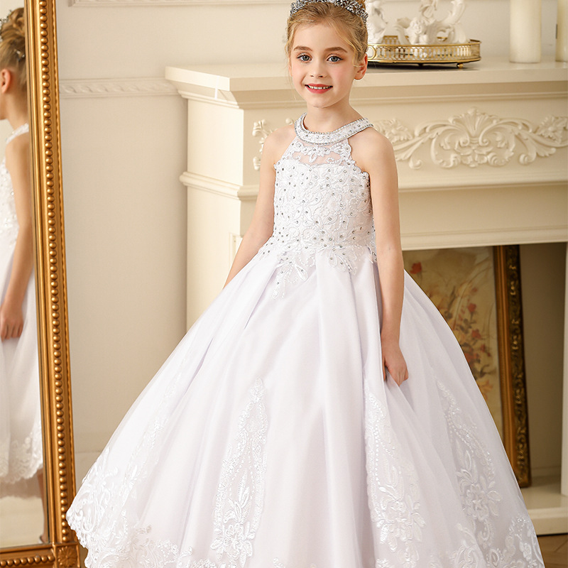 Robe de communion pour fille, sans manches, dos nu, en dentelle, style princesse, avec nœud brodé et longue traîne._voghion.com