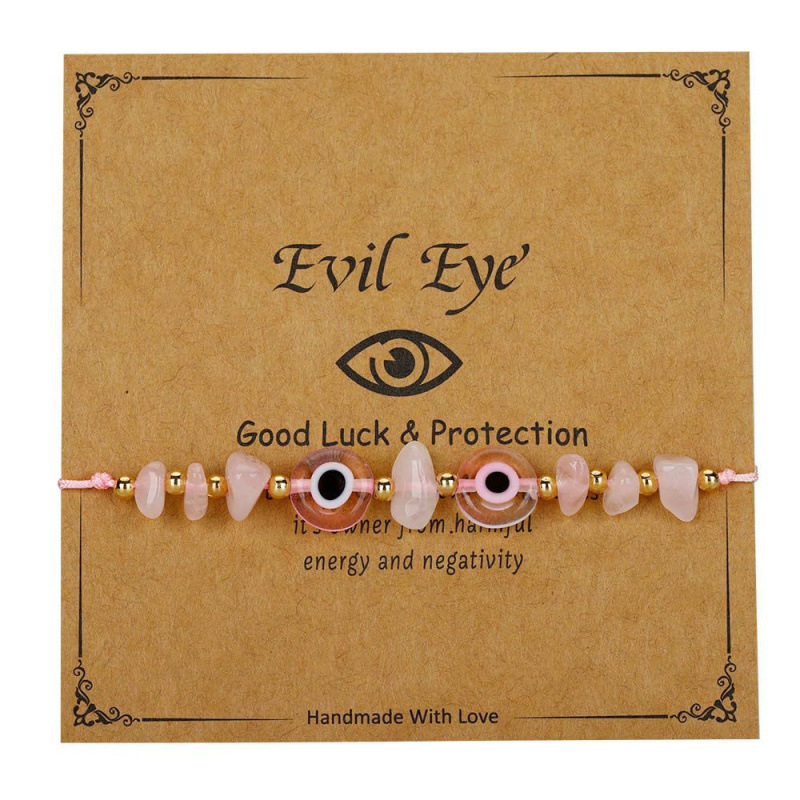 Crushed Stone Single-Strand Bracelet with Blue Eyes, Lapis Lazuli, Pink Crystal, and Crushed Stone Beads for Women, Evil Eye Crushed Stone Bracelet