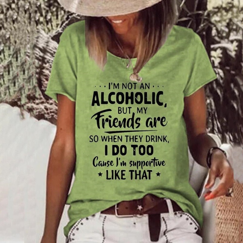 European and American Cross-Border Alcoholic English Print T-Shirt for Women, Amazon Summer Style Round Neck Casual Short-Sleeved Women's Clothing European and American Cross-Border Alcoholic English Print T-Shirt for Women, Amazon Summer Style Round Neck Casual Short-Sleeved Women's Clothing