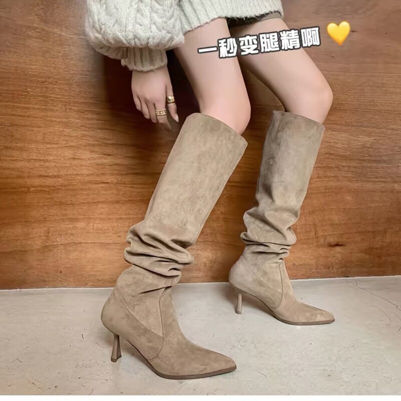 Black high-heeled over-the-knee long boots with wide shaft, stacked boots, thin heel, pleated high-tube long boots, women's pointed-toe boots for autumn and winter Black high-heeled over-the-knee long boots with wide shaft, stacked boots, thin heel, pleated high-tube long boots, women's pointed-toe boots for autumn and winter