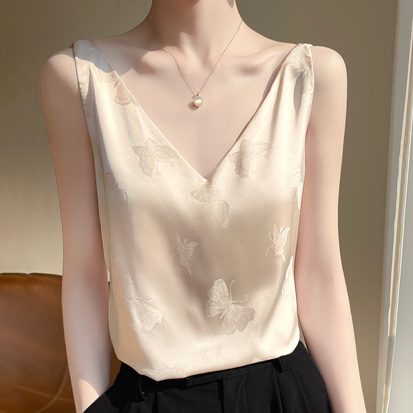 法式吊带女内搭宽松蝴蝶白色醋酸宽带背心外穿缎面V领真丝上衣夏