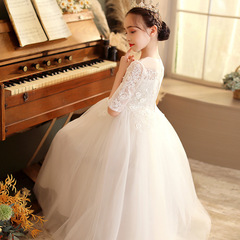 Children's formal dress, high-quality middle-sleeved long dress, wedding-style ballgown, princess dress for girls, piano performance dress, one-piece dress