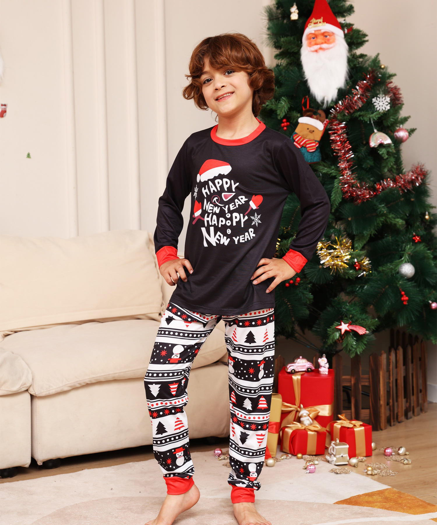 Christmas Alphabet cartoon snowflake Christmas family dress printed home dress pajamas_voghion.com