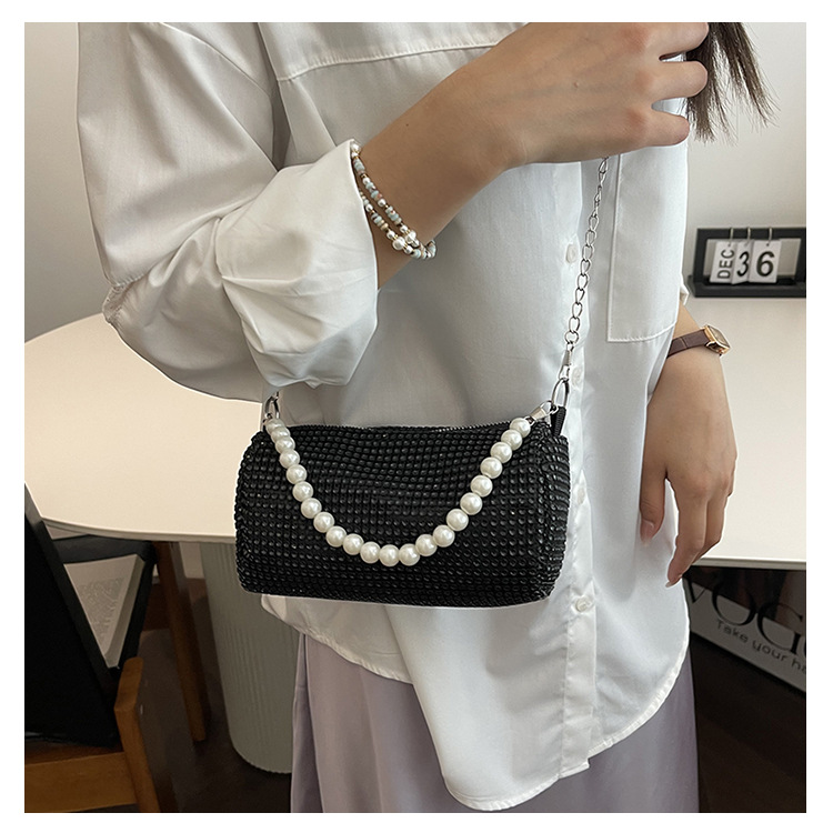 Borsa a tracolla Boston a mano con catena occidentale alla moda, nuova primavera/estate, con diamante lucido e perla sotto le ascelle_voghion.com