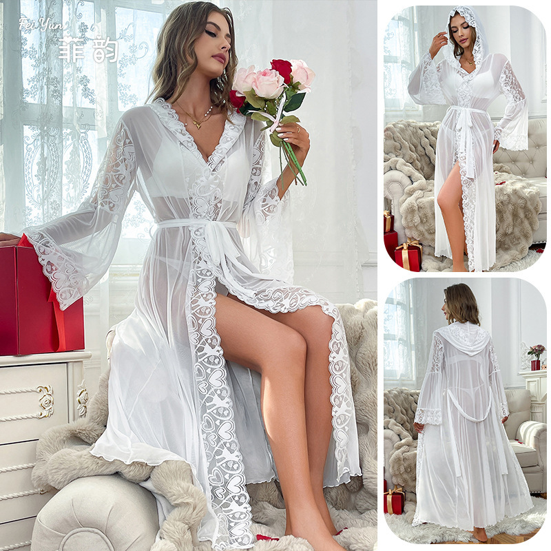 European and American Cross-border New Sexy Mesh Hooded Bathrobe Underwear Lace Beautiful Bridal Morning Gown 830