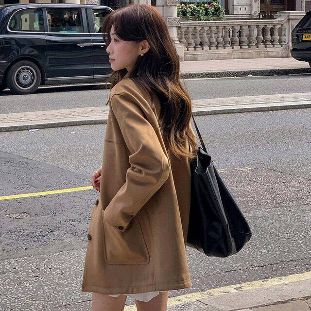 秋冬新款法式百搭复古美拉德仿麂皮绒翻领宽松单排扣通勤外套女装|undefined