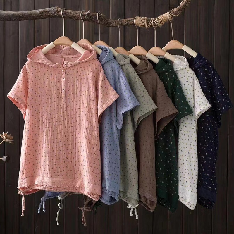2025 New Summer Style Japanese Style Hooded Pullover Short-Sleeved T-Shirt for Women Printed Lace Splicing Cotton Gauze Casual Top for Women