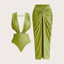 2025欧美新款外贸连体泳衣女士时尚性感系带bikini雪纺裹裙套装