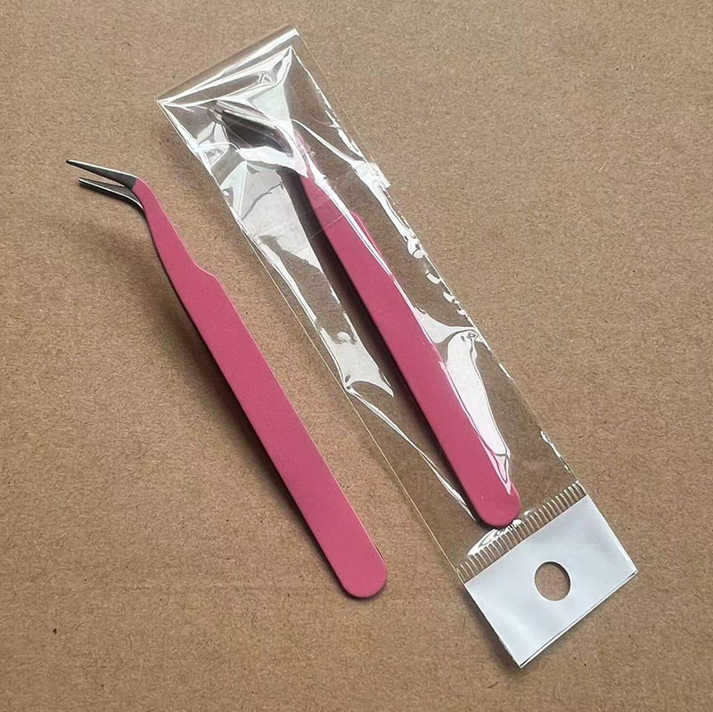 Pinzas para pestañas de acero inoxidable, punta curva, rosa