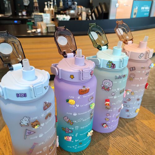 Large-capacity water bottle gradient color with straw sports frosted water cup portable handle adult drama cup free stickers
