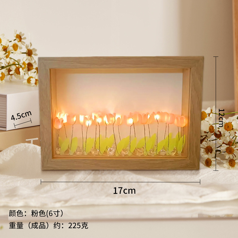 Nuevo marco de fotos de tulipanes luces nocturnas creativas flores mares hechas a mano DIY paquetes de materiales románticos luces de regalo de cumpleaños
