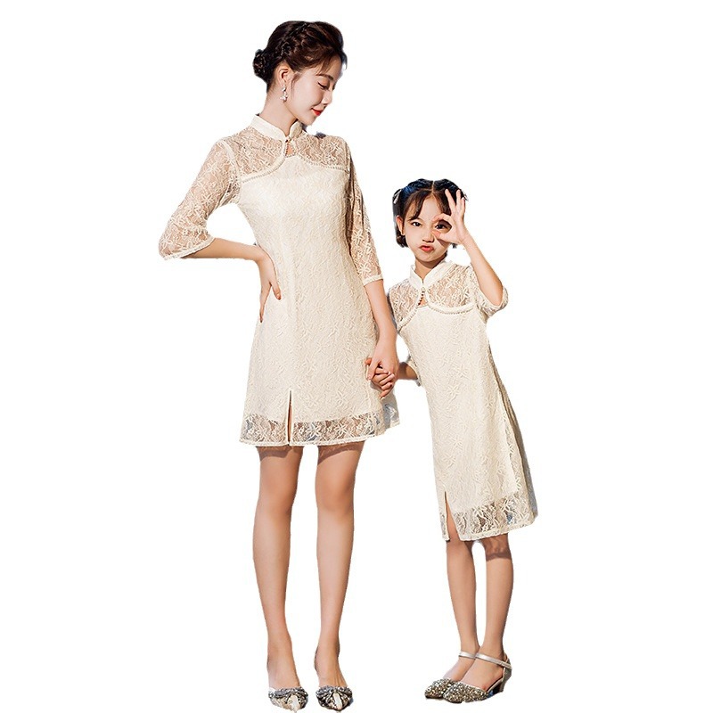 Vestido de padres e hijos vestido de verano vestido cheongsam de las mujeres 2023 nuevo vestido de niña de manga grande cheongsam de encaje de alta gama