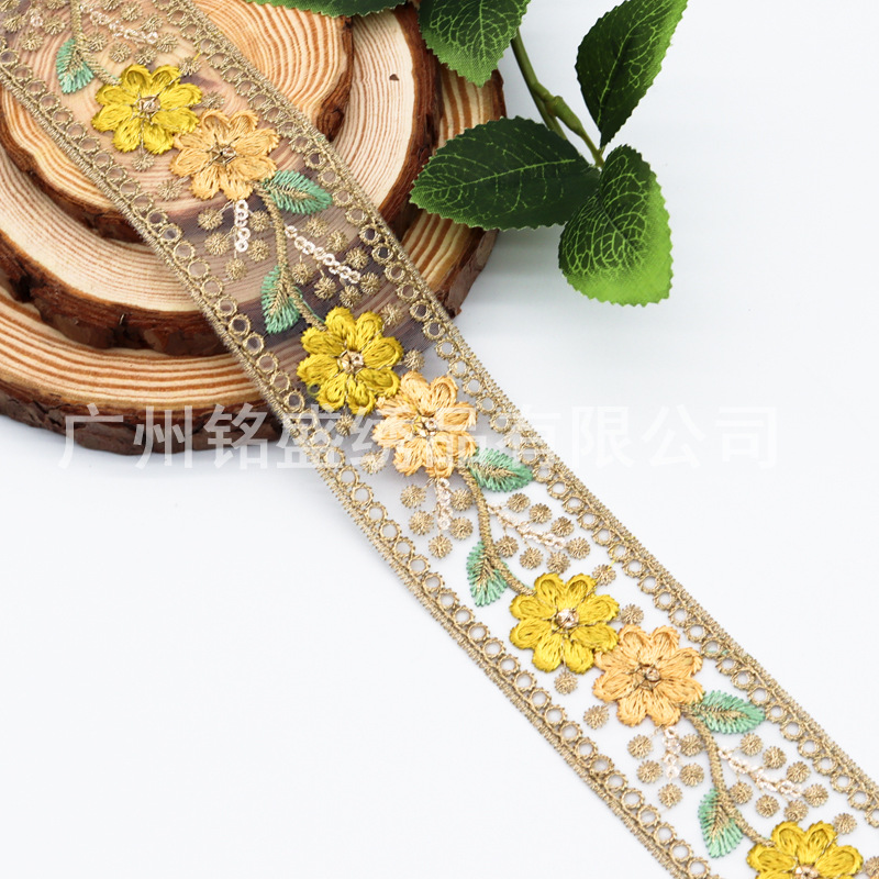 Accesorios Hanfu de encaje bordado de organza de 4,5 CM, estilo étnico, bordado por computadora, lentejuelas, cuello, accesorios de equipaje