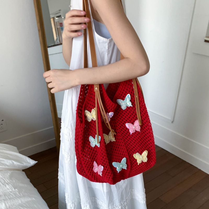 Bolso Tote de moda coreana 2025 verano nuevo bolso femenino bolso de mariposa de encaje bolso de hombro de punto de gran capacidad