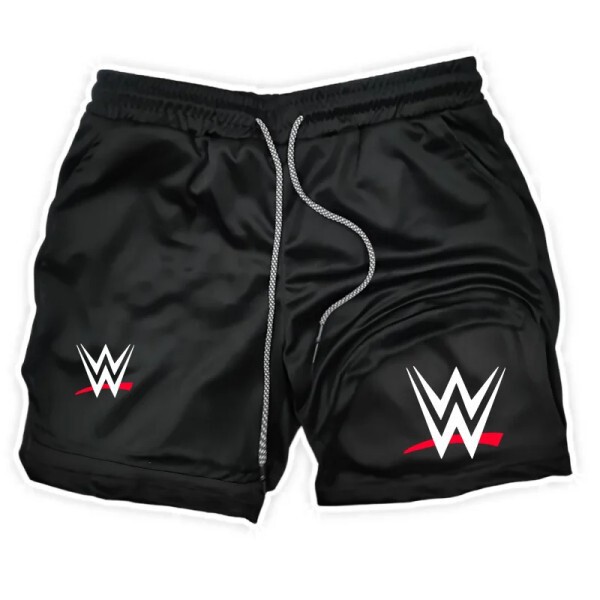 2025 Cross-Border New Wwe American Logo Print 2-in-1 Men's Running Shorts Fitness Sports Quick-Drying Shorts