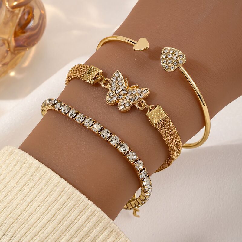 European and American Cross-Border New Style Diamond-Encrusted Heart Love Bracelet Set, Creative Retro Simple Alloy Single-Layer Trendy Jewelry