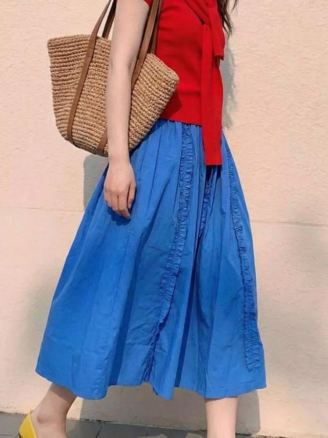 Váy chữ A nữ eo cao dáng midi phong cách Dopamine màu xanh — Màu xanh nửa váy
