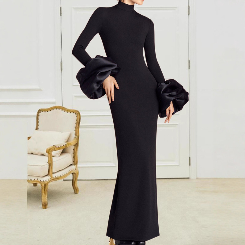2025 Autumn/Winter Black Stand Collar Long Sleeve Formal Dress Party Amazon Aliexpress Wholesale Stand Collar Formal Dress