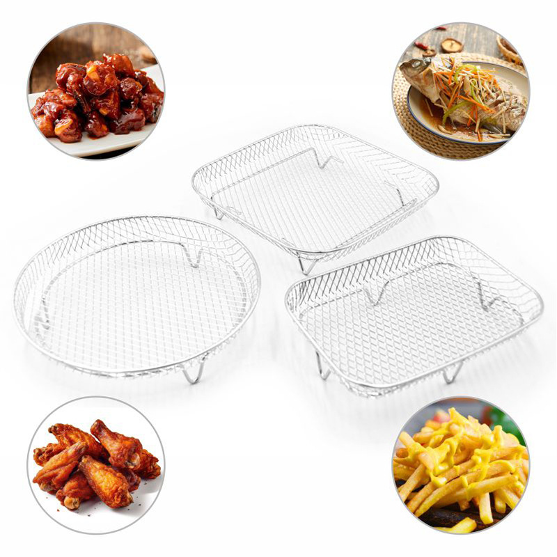 Estante para freidora de aire, parrilla para horno microondas, rejilla para cocinar al vapor de tres capas de acero inoxidable 304, canasta para papas fritas, rejilla para aceite, rejilla para barbacoa