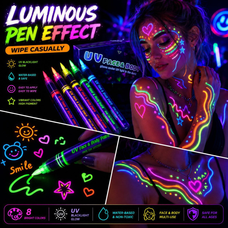 Cross-Border Uv Luminous Body Painting Pen, Washable Facial Graffiti, Nightclub Party Atmosphere Glow Acrylic Marker Pen
