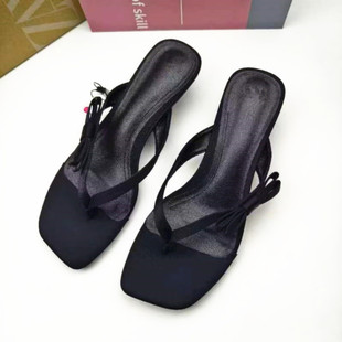 ZA2024 Fashion New Thong Bow Mid-heel Flip-flops All-match Simple Thin Heel Sandals and Slippers High Heel Women's Shoes