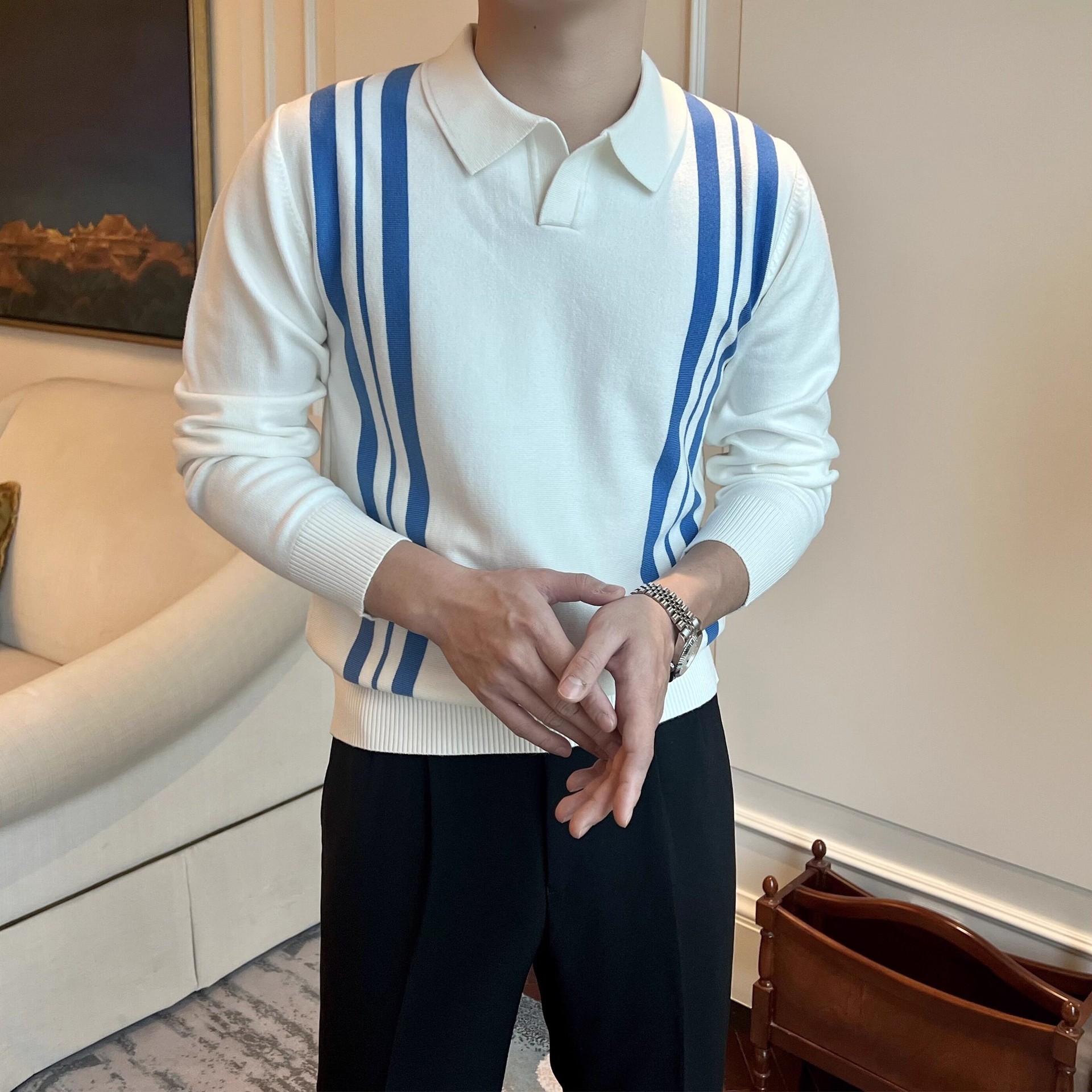 Primavera y otoño nuevo suéter hombre retrógrado a rayas británicas contraste delgado camisa de punto de negocios casual polo