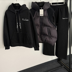 三件套装拼接无袖连帽棉服马甲外套+连帽加绒卫衣+松紧腰休闲长裤